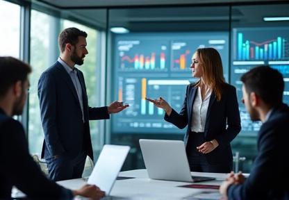 Two people discussing technology strategy with charts